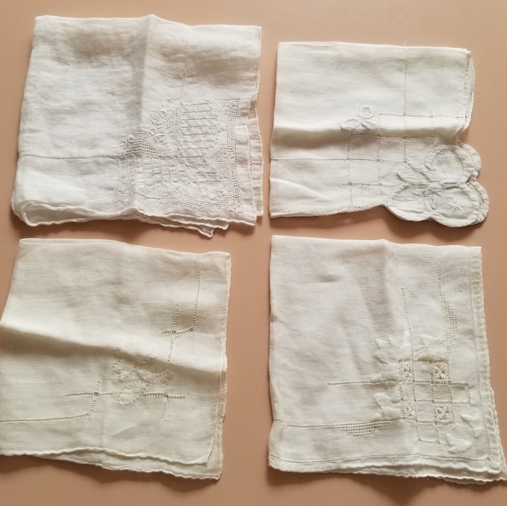 4 vintage white hankies